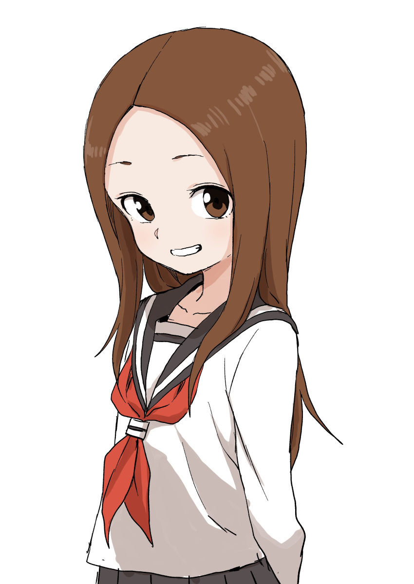 1girl absurdres bangs black_sailor_collar black_skirt brown_hair grin highres karakai_jouzu_no_takagi-san long_hair long_sleeves looking_at_viewer neckerchief parted_bangs pleated_skirt red_neckwear sailor_collar school_uniform serafuku shirt simple_background skirt smile solo standing takagi-san upper_body white_background white_shirt yamamoto_souichirou