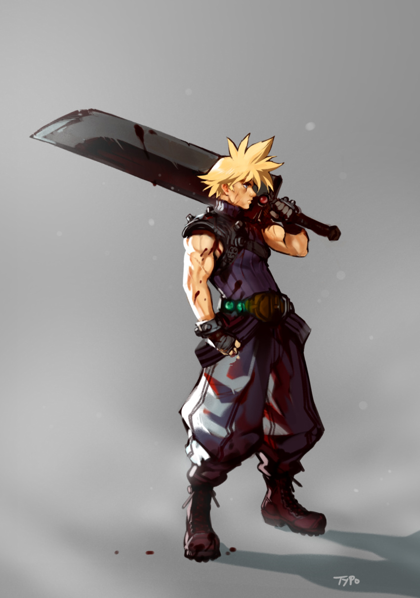 1boy baggy_pants blonde_hair blood bloody_weapon blue_eyes boots buster_sword clenched_hand cloud_strife combat_boots commentary english_commentary final_fantasy final_fantasy_vii fingerless_gloves from_side full_body gloves grey_background highres huge_weapon male_focus manly muscle over_shoulder pants scar single_pauldron sleeveless sleeveless_turtleneck solo spiky_hair turtleneck typo_(requiemdusk) weapon weapon_over_shoulder