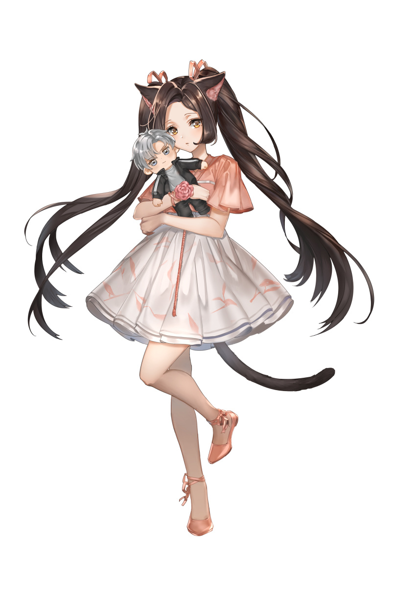 1girl absurdres animal_ears black_jacket black_pants blade_&amp;_soul brown_eyes brown_hair cat_ears cat_tail character_doll crop_top doll dress full_body grey_eyes grey_shirt highres jacket long_hair lyn_(blade_&amp;_soul) object_hug pants pink_shirt ribbon rity shirt shoes short_hair silver_hair simple_background solo standing standing_on_one_leg stuffed_toy tail track_jacket track_pants track_suit twintails very_long_hair white_background white_dress