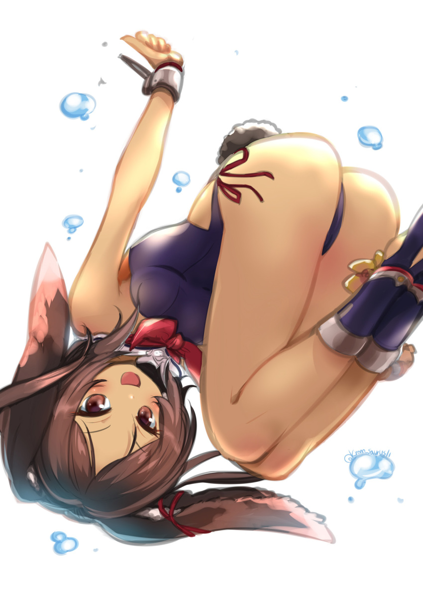 1girl animal_ears ass azur_lane bare_shoulders brown_eyes brown_hair bubble bunny_tail dark_skin detached_collar highres i-26_(azur_lane) knees_up kurono_tokage legs one-piece_swimsuit open_mouth rabbit_ears sailor_collar short_hair smile solo strapless strapless_swimsuit swimsuit tail upside-down