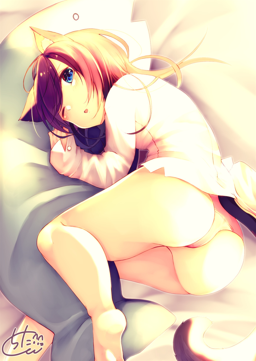 1girl ;o animal_ears ass bangs bed_sheet blue_eyes blush brown_hair cat_ears cat_girl cat_tail chita_(ketchup) commentary_request eyebrows_visible_through_hair fish_pillow highres long_hair long_sleeves looking_at_viewer lying no_pants on_side one_eye_closed original panties parted_lips pillow pillow_hug shirt signature sleeves_past_wrists solo tail underwear white_panties white_shirt