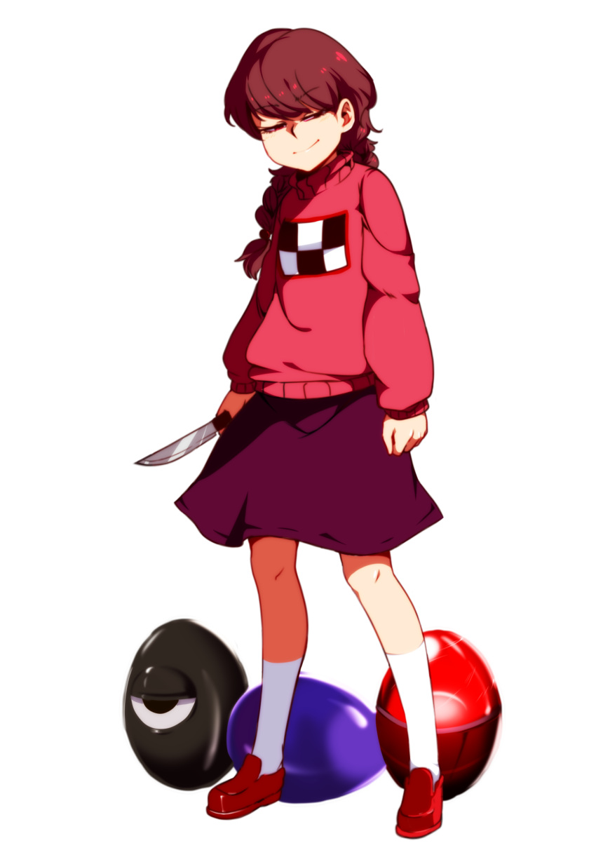 1girl absurdres braid brown_hair clenched_hand full_body half-closed_eyes highres jcm2 kitchen_knife knife madotsuki purple_skirt red_eyes skirt solo sweater transparent_background turtleneck turtleneck_sweater twin_braids yume_nikki