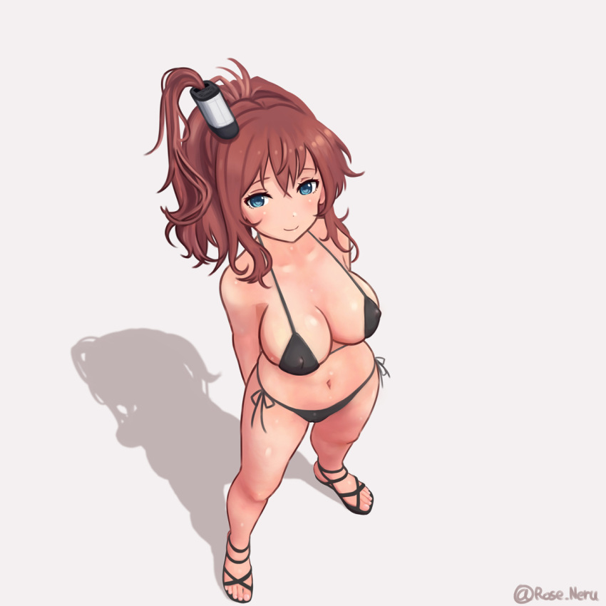 1girl arms_behind_back bikini blue_eyes breasts brown_hair cleavage cross-laced_sandals erect_nipples foreshortening from_above full_body halterneck highres kantai_collection large_breasts long_hair looking_at_viewer medium_hair navel one_side_up rose_neru sandals saratoga_(kantai_collection) shadow side-tie_bikini sidelocks simple_background smile solo standing string_bikini swimsuit white_background