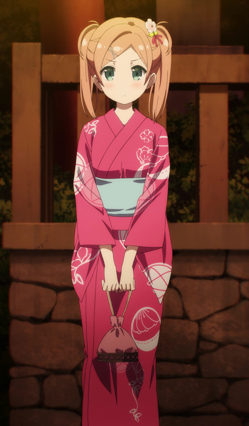 1girl double_bun green_eyes highres japanese_clothes kimono nanahashi_minori one_room orange_hair screencap twintails yukata