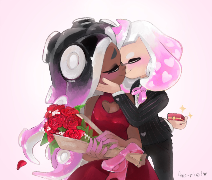 2girls artist_name ava-riel blush bouquet buttons cleavage_cutout closed_eyes commentary crossdressinging dark_skin domino_mask dress english_commentary face-to-face facing_another flower formal hand_on_another's_cheek hand_on_another's_face heart heart-shaped_buttons hime_(splatoon) holding holding_bouquet iida_(splatoon) kiss long_sleeves mask multiple_girls pinstripe_suit red_dress red_flower red_rose rose sleeveless sleeveless_dress smile sparkle splatoon splatoon_2 striped suit tentacle_hair tuxedo valentine yuri