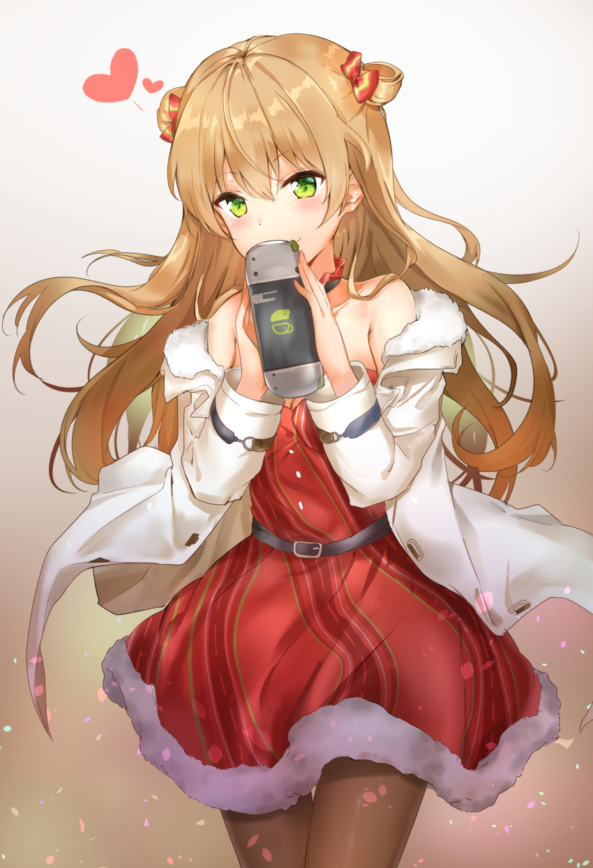 1girl absurdres armpit_crease bangs bare_shoulders belt blush bow bow_choker breasts brown_hair brown_legwear buckle choker christmas christmas_ornaments cleavage closed_mouth coat collarbone confetti covering_mouth double_bun dress duffel_coat eyebrows_visible_through_hair floating_hair fur-trimmed_coat fur_trim girls_frontline green_eyes hair_bow hand_up handheld_game_console head_tilt highres holding_handheld_game_console long_hair looking_at_viewer medium_breasts off_shoulder open_clothes open_coat pantyhose red_bow red_dress rfb_(girls_frontline) santa_costume smile solo standing star sunhyun wind wind_lift