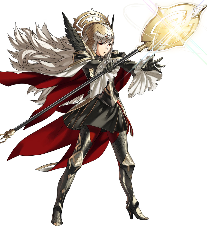1girl armor armored_boots black_gloves boots breastplate cape fire_emblem fire_emblem_heroes full_body gloves hair_ornament high_heels highres holding kozaki_yuusuke official_art redhead shoulder_armor shoulder_pads silver_hair solo staff transparent_background veronica_(fire_emblem) wide_sleeves