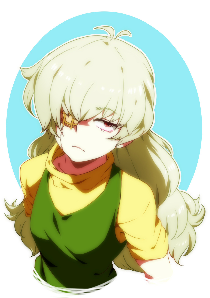 1girl absurdres antenna_hair blonde_hair borrowed_character commission eyepatch from_above hair_over_one_eye highres jcm2 long_hair original short_sleeves solo turtleneck upper_body violet_eyes