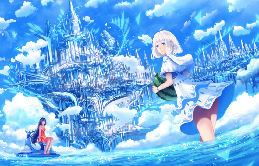 2girls ahoge bangs blue blue_eyes blue_sky capelet castle clouds cloudy_sky commentary_request dress fantasy floral_print fog food fruit holding hood hood_down hooded_capelet jet_ski long_hair looking_at_viewer looking_back multiple_girls original parted_lips red_dress sakimori_(hououbds) sandals scenery short_hair sitting sky smile standing very_long_hair wading watch watch water watermelon white_capelet white_dress