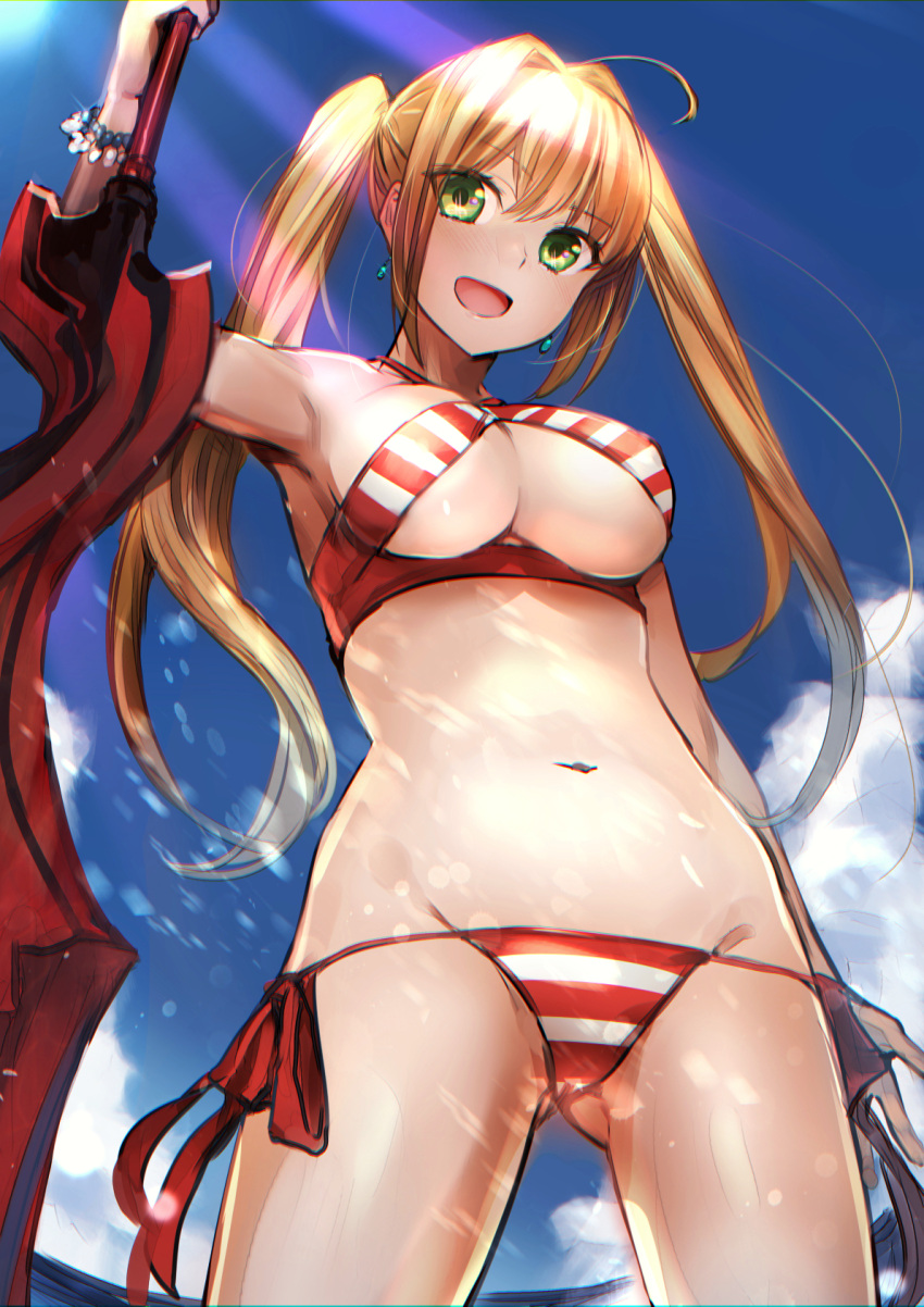1girl :d aestus_estus ahoge akechi_shizuku bikini blonde_hair blush breasts chromatic_aberration clouds commentary_request criss-cross_halter day fate/grand_order fate_(series) gluteal_fold green_eyes hair_intakes halterneck highres large_breasts long_hair navel nero_claudius_(fate)_(all) nero_claudius_(swimsuit_caster)_(fate) open_mouth revision side-tie_bikini sideboob sky smile solo swimsuit sword twintails weapon