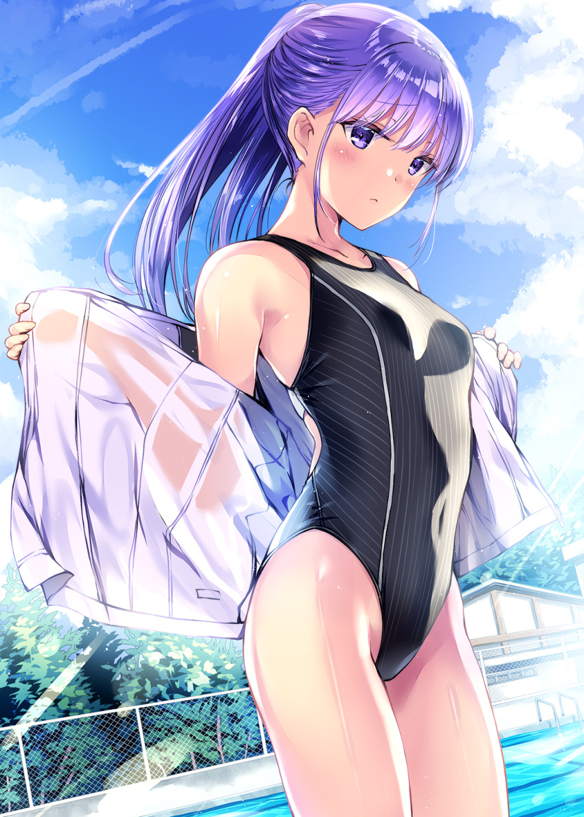 1girl bangs bare_shoulders blue_sky blush breasts chain-link_fence clouds commentary_request competition_swimsuit condensation_trail covered_navel cowboy_shot day dutch_angle eyebrows_visible_through_hair fence highleg highleg_swimsuit highres kobayashi_chisato light_rays long_hair long_sleeves one-piece_swimsuit original outdoors ponytail pool purple_hair see-through shiny shiny_hair shirt skin_tight sky small_breasts solo straight_hair striped striped_swimsuit sunbeam sunlight swimsuit tree undressing violet_eyes wet wet_clothes wet_shirt white_shirt