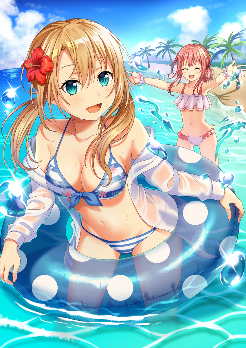 2girls :d aqua_eyes beach bikini blonde_hair blue_sky breasts cleavage closed_eyes clothes_down clouds collarbone day eyebrows_visible_through_hair flat_chest flower frilled_bikini frills hair_between_eyes hair_flower hair_ornament hibiscus highres innertube jacket long_hair medium_breasts multiple_girls navel ocean open_clothes open_jacket open_mouth original outdoors outstretched_arms palm_tree pink_hair polka_dot red_flower scrunchie shiny shiny_hair sidelocks sky smile sparkle standing striped striped_bikini swimsuit tied_hair transparent tree twintails wading water wet_jacket white_bikini white_jacket white_polka_dots white_scrunchie wrist_scrunchie yuusa