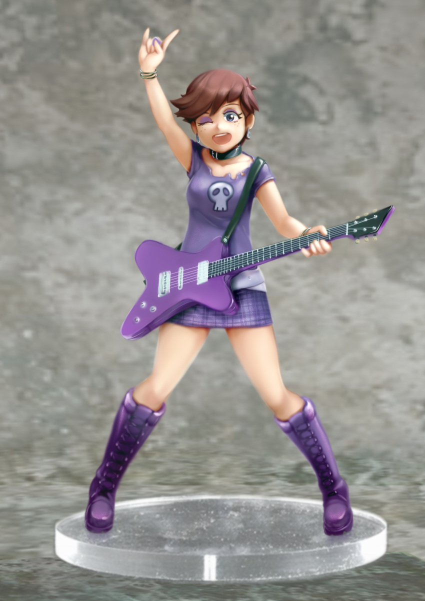 \m/ absurdres blue_eyes boots bracelet brown_hair collar earrings electric_guitar faux_figurine full_body guitar highres instrument jcm2 jewelry knee_boots luna_loud makeup miniskirt one_eye_closed open_mouth plaid plaid_skirt purple_footwear purple_skirt shirt short_hair skirt skull smile t-shirt the_loud_house torn_clothes torn_shirt