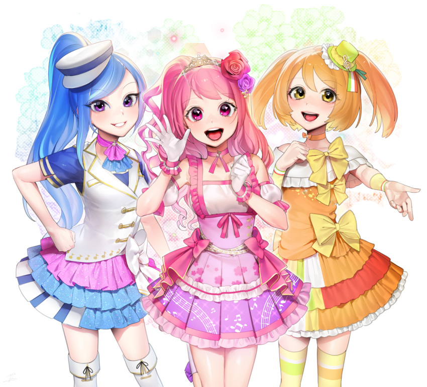 3girls :d ascot blue_hair blush boots bow capelet choker detached_sleeves double_stripe eyebrows_visible_through_hair flower glint gloves hair_flower hair_ornament hand_on_hip hand_up hat highres knee_boots layered_skirt long_hair looking_at_viewer mini_hat multiple_girls musical_note ohisashiburi open_mouth orange_hair original pink_bow pink_choker pink_eyes pink_hair pink_skirt pleated_skirt puffy_short_sleeves puffy_sleeves purple_flower red_flower round_teeth short_sleeves skirt smile socks standing standing_on_one_leg striped striped_legwear teeth thigh-highs tiara twintails vest violet_eyes waving white_capelet white_footwear white_gloves white_hat white_vest wristband yellow_bow yellow_eyes yellow_legwear