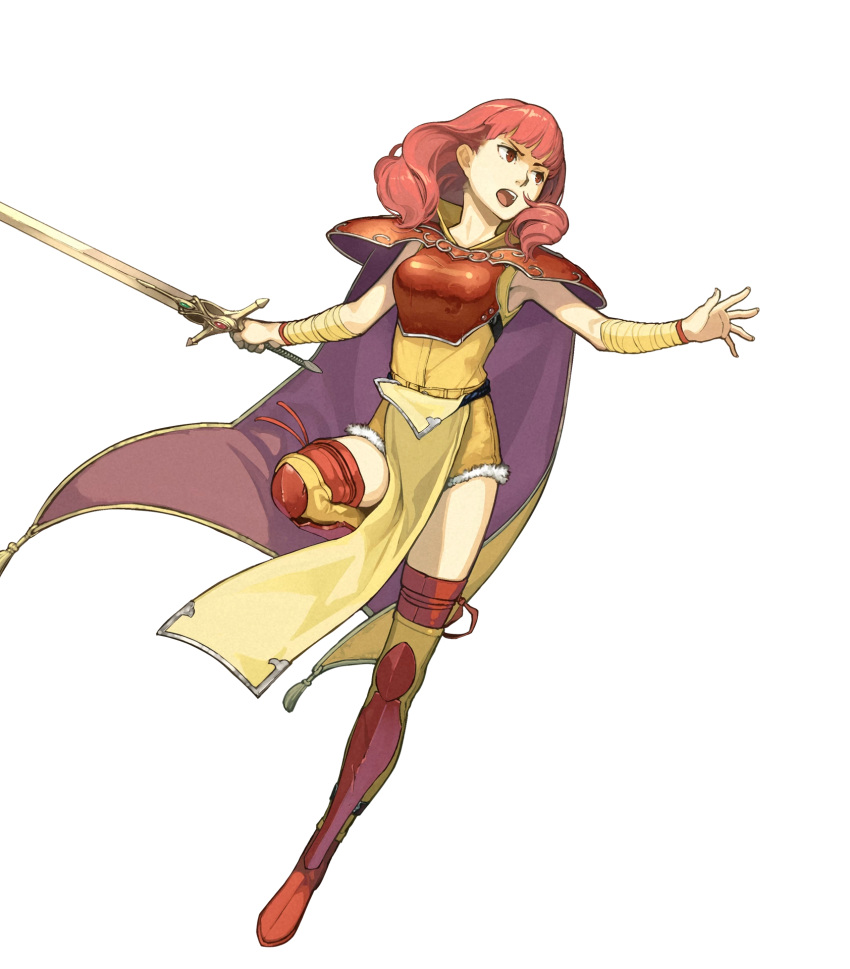 1girl armor bangs breastplate cape celica_(fire_emblem) fire_emblem fire_emblem_gaiden full_body hidari_(left_side) highres holding holding_sword holding_weapon long_hair official_art pelvic_curtain red_eyes redhead solo sword thigh-highs transparent_background weapon