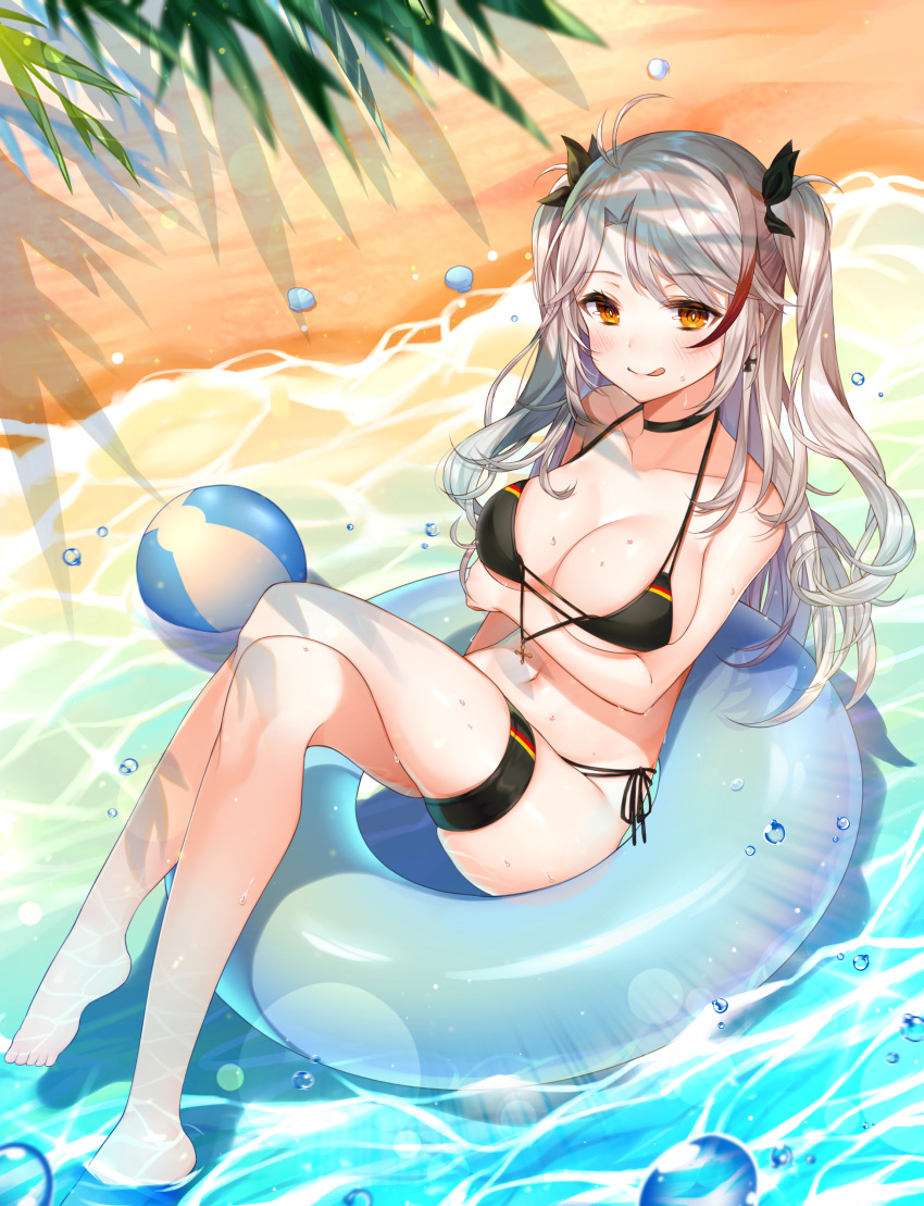 1girl :q absurdres afloat antenna_hair arm_under_breasts ass azur_lane ball bangs beachball bikini black_bikini black_ribbon blue_sky blush breasts brown_eyes cleavage commentary_request day eyebrows_visible_through_hair flag_print german_flag_bikini hair_between_eyes highres innertube iron_cross large_breasts long_hair looking_at_viewer multicolored_hair navel ocean outdoors palm_tree prinz_eugen_(azur_lane) redhead reel37891 ribbon shell sidelocks silver_hair sky smile solo splashing stomach streaked_hair swept_bangs swimsuit thigh_strap thighs tongue tongue_out tree two_side_up untied untied_bikini very_long_hair wet