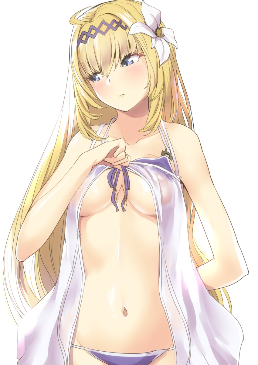 1girl bare_shoulders bikini bikini_pull blonde_hair blue_eyes blush breasts collarbone commentary_request cowboy_shot feathers flower front-tie_bikini front-tie_top granblue_fantasy hair_between_eyes hair_feathers hair_flower hair_intakes hair_ornament highres jeanne_d'arc_(granblue_fantasy) large_breasts lifted_by_self lily_(flower) lips long_hair looking_away looking_to_the_side navel nukkoru pink_lips purple_bikini side-tie_bikini simple_background swimsuit under_boob white_flower