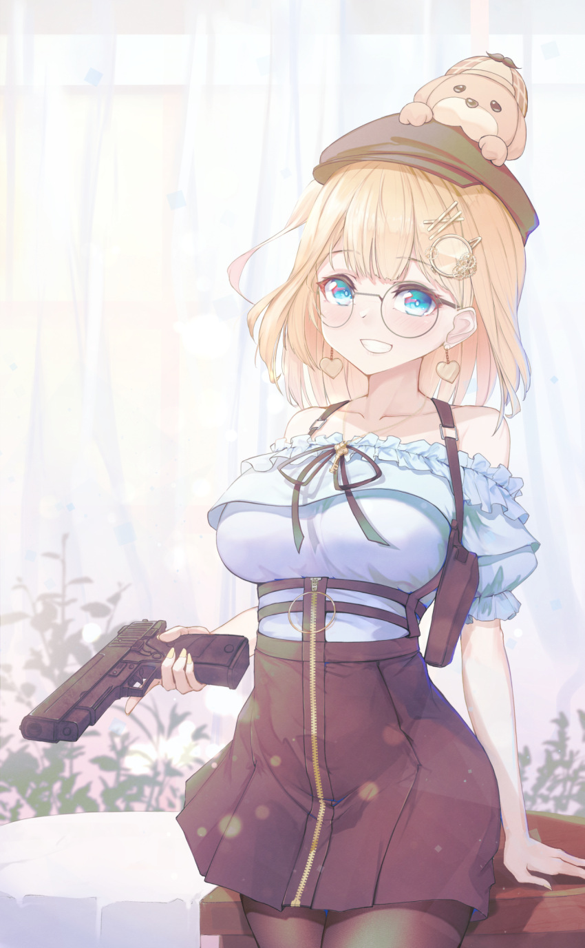 1girl against_table bare_shoulders blonde_hair blue_eyes blush breasts bubba_(watson_amelia) chromatic_aberration collarbone cowboy_shot deerstalker detective dress ear_piercing eyebrows_visible_through_hair glasses grin gun hair_ornament handgun hat heart high-waist_skirt highres hololive hololive_english holomyth holster key_necklace large_breasts looking_at_viewer monkey1468 monocle_hair_ornament pantyhose piercing pistol skirt smile solo standing thigh_gap virtual_youtuber watson_amelia weapon zipper zipper_pull_tab