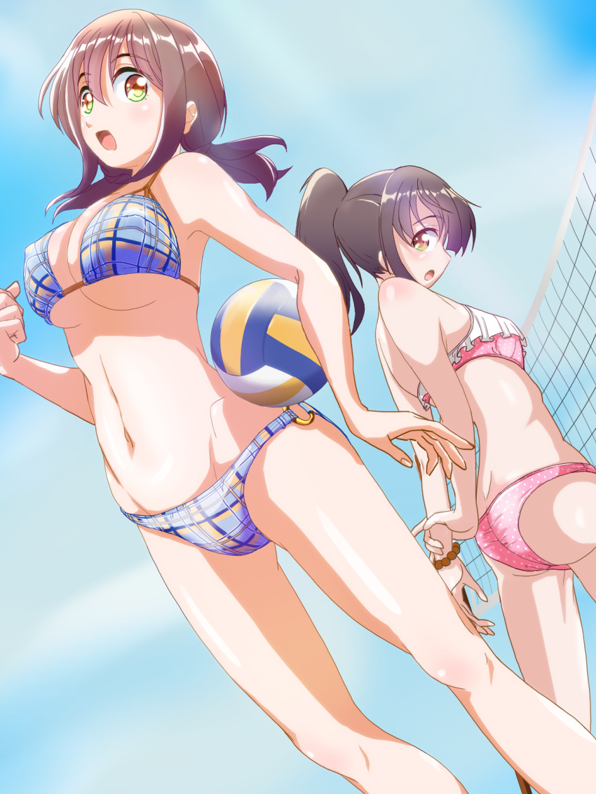 arms_behind_back ass beach_volleyball bikini breasts brown_eyes brown_hair cleavage clouds covered_nipples dutch_angle eyebrows_visible_through_hair from_below fujish groin groin_tendon hair_between_eyes harukana_receive highres large_breasts looking_to_the_side navel oozora_haruka_(danball_senki) oozora_haruka_(harukana_receive) open_mouth plaid plaid_bikini ponytail small_breasts swimsuit thighs under_boob volleyball