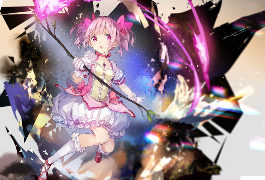 1girl absurdres bow bow_(weapon) breasts bubble_skirt choker commentary_request gloves hair_bow highres holding holding_bow_(weapon) holding_weapon jewelry kaname_madoka looking_at_viewer mahou_shoujo_madoka_magica necklace parted_lips pink_bow pink_hair puffy_short_sleeves puffy_sleeves red_choker red_footwear shoes short_hair short_sleeves skirt small_breasts socks solo twintails weapon white_gloves white_legwear white_skirt yuugen
