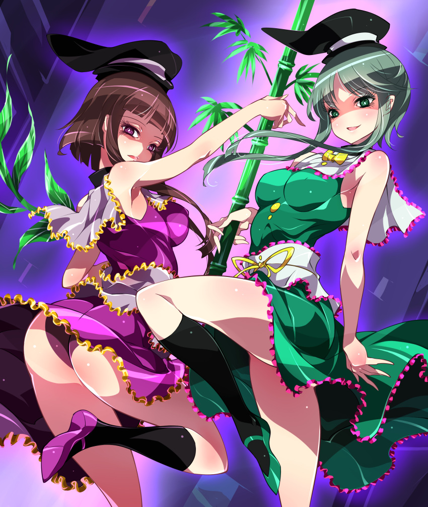 2girls absurdres arched_back ass bamboo bangs black_legwear breasts brown_hair capelet commentary_request dress erect_nipples eyebrows_visible_through_hair frilled_dress frills green_dress green_eyes green_hair green_legwear hat highres leg_up medium_breasts multiple_girls nishida_satono no_bra no_nose panties purple_background purple_dress purple_legwear purple_panties raptor7 ribbon shoes short_hair_with_long_locks sleeveless socks teireida_mai touhou underwear violet_eyes