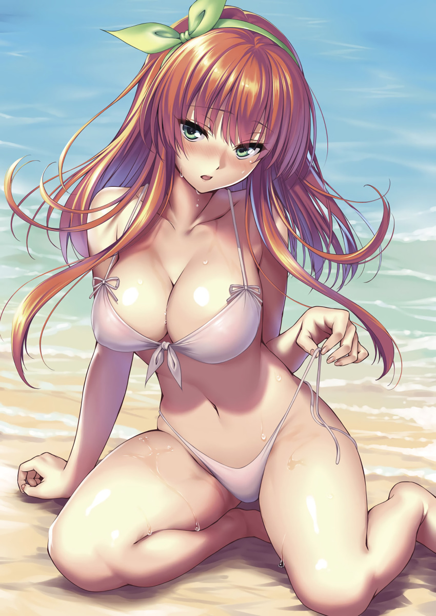 1girl arm_support bangs bare_arms bare_legs bare_shoulders barefoot beach bikini blush bow breasts cleavage collarbone comic_exe day eyebrows_visible_through_hair fingernails front-tie_bikini front-tie_top green_eyes green_hairband hair_bow hairband halter_top halterneck head_tilt highres holding_strap large_breasts lips long_fingernails long_hair looking_at_viewer nail_polish navel open_mouth orange_hair original outdoors pink_nails piromizu pulled_by_self shiny shiny_hair shiny_skin shore side-tie_bikini sidelocks sitting solo stomach strap_pull sweat swimsuit untied untied_bikini water white_bikini yokozuwari