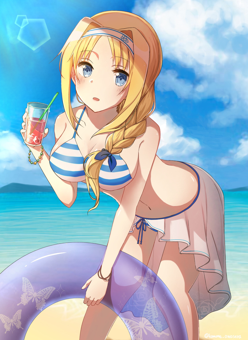1girl absurdres alice_schuberg animal_print beach bent_over bikini blonde_hair blue_eyes blue_ribbon blue_sky bracelet braid breasts butterfly_print cleavage clouds collarbone cup day drinking_glass drinking_straw enokimo_me eyebrows_visible_through_hair hair_over_shoulder hairband highres holding holding_drinking_glass jewelry large_breasts long_hair looking_at_viewer ocean open_mouth outdoors print_innertube purple_innertube ribbon sarong side_braid sideboob single_braid sky solo standing striped striped_bikini sunlight swimsuit sword_art_online white_hairband