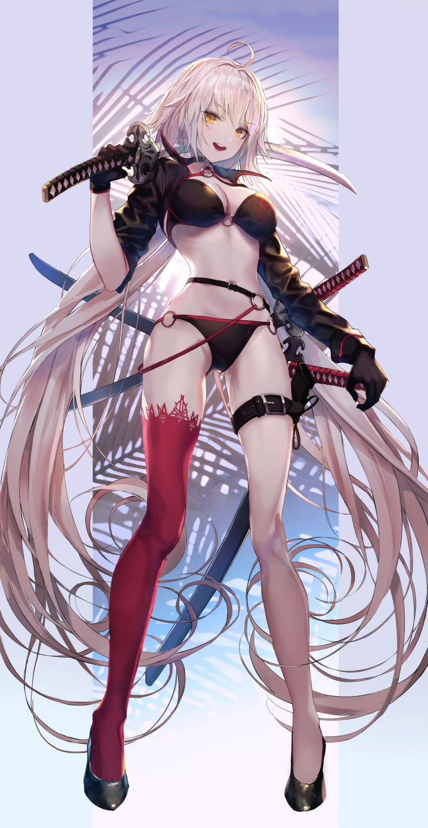 1girl absurdres ahoge bangs bikini black_bikini black_jacket blue_background breasts choker cleavage commentary_request eyebrows_visible_through_hair fate/grand_order fate_(series) floating_hair gloves hair_between_eyes high_heels highres jacket jeanne_d'arc_(alter_swimsuit_berserker) jeanne_d'arc_(fate)_(all) katana large_breasts long_hair looking_at_viewer o-ring patterned_background red_legwear seol single_thighhigh solo swimsuit sword thigh-highs very_long_hair weapon yellow_eyes