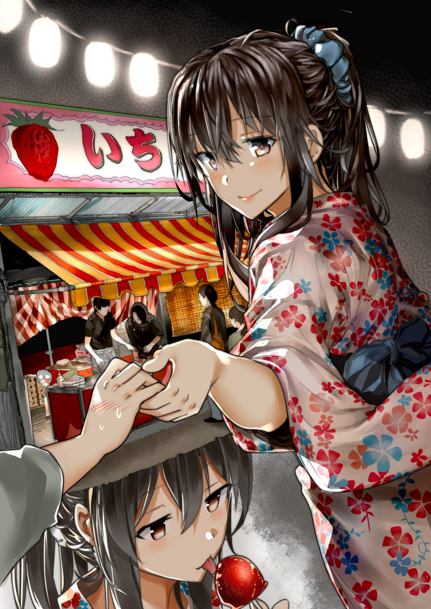 1girl absurdres araido_kagiri blush brown_hair candy candy_cane closed_mouth commentary_request eyebrows_visible_through_hair floral_print food from_behind fruit hair_between_eyes hand_holding highres japanese_clothes kimono lantern long_hair long_sleeves looking_at_viewer looking_back multiple_views obi original outdoors pink_lips ponytail pov pov_hands sash smile solo_focus standing strawberry sweatdrop wide_sleeves yukata