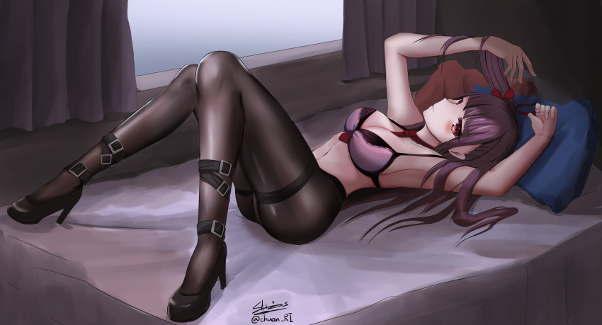 1girl absurdres arm_up armpits ass bangs black_footwear black_legwear blush bra breasts closed_mouth collarbone curtains eyebrows_visible_through_hair girls_frontline hair_ribbon high_heels highres ichikawayan knees_together_feet_apart knees_up large_breasts long_hair looking_at_viewer lying navel necktie on_back on_bed one_side_up pantyhose pillow purple_hair red_eyes red_neckwear ribbon signature smile solo stomach twitter_username underwear underwear_only very_long_hair wa2000_(girls_frontline) window