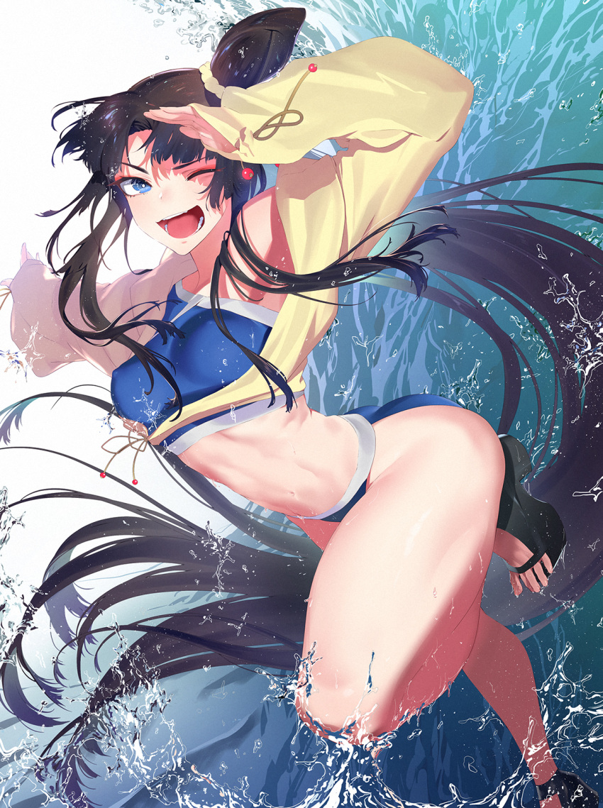 1girl bikini black_hair blue_eyes commentary_request eyeshadow fangs fate/grand_order fate_(series) hair_bun hairband highres jacket jacket_over_swimsuit makeup navel one_eye_closed open_mouth ponytail ryokucha_(i_cobalt) sandals solo sports_bikini swimsuit tidal_wave ushiwakamaru_(fate/grand_order) ushiwakamaru_(swimsuit_assassin)_(fate) water