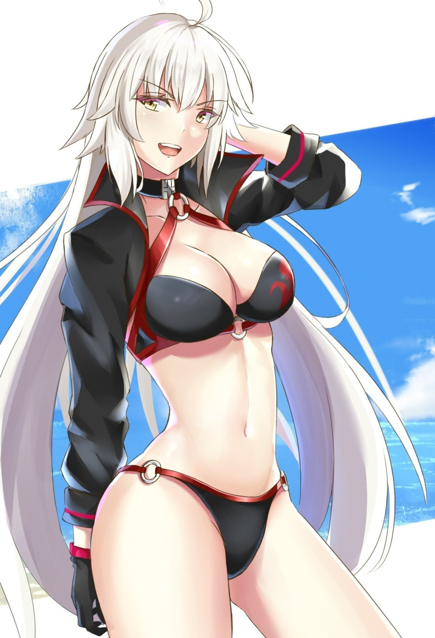 1girl ahoge arikawa_rui bangs bikini black_bikini black_jacket breasts choker cleavage clouds cloudy_sky commentary_request cowboy_shot eyebrows_visible_through_hair fate/grand_order fate_(series) gloves hair_between_eyes highres jacket jeanne_d'arc_(alter_swimsuit_berserker) jeanne_d'arc_(fate)_(all) large_breasts long_hair looking_at_viewer o-ring ocean sky solo swimsuit yellow_eyes