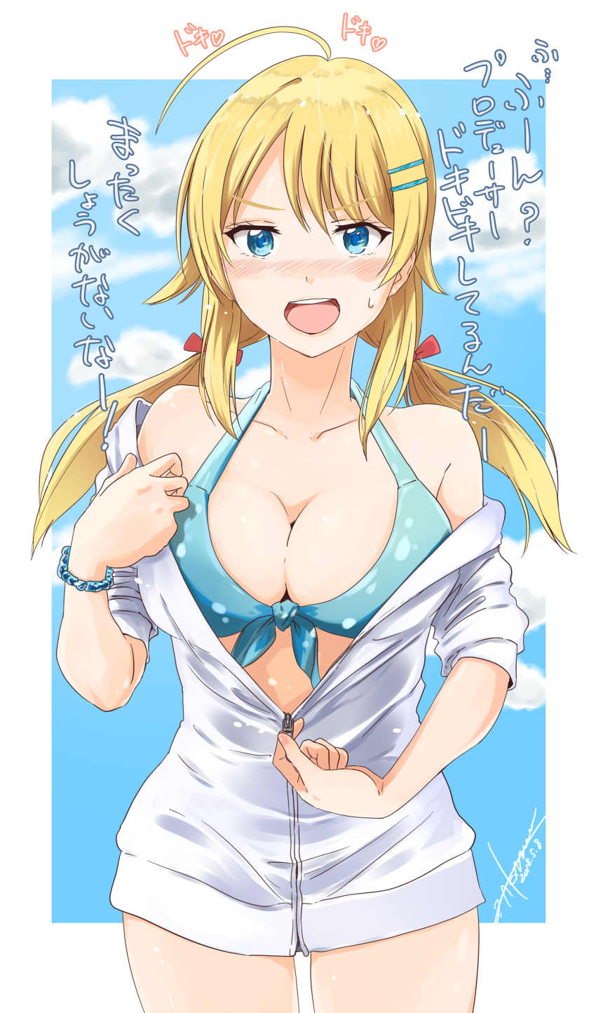 1girl :o absurdres ahoge akane_(getwild23) bikini_top blonde_hair blue_bikini_top blue_eyes blush border bracelet breasts cleavage collarbone commentary_request dated front-tie_bikini front-tie_top hachimiya_meguru hair_ornament hairclip heart highres idolmaster idolmaster_shiny_colors jewelry large_breasts long_hair low_twintails signature solo sweatdrop sweater swimsuit swimsuit_under_clothes translation_request twintails unzipping white_border