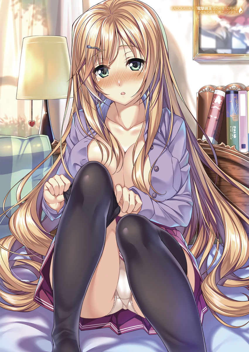 1girl adjusting_clothes adjusting_legwear bangs bed bed_sheet black_legwear blonde_hair blue_shirt blush book bookshelf breasts buttons cleavage collarbone comic_exe curtains desk desk_lamp dress_shirt eyebrows_visible_through_hair full-face_blush green_eyes hair_ornament hairclip highres indoors knees_up lamp large_breasts long_hair long_sleeves looking_at_viewer no_bra on_bed open_clothes open_mouth open_shirt original panties pantyshot pantyshot_(sitting) picture_(object) pillow piromizu plaid_pillow pleated_skirt purple_shirt shirt sidelocks sitting sitting_on_bed skirt solo thigh-highs underwear very_long_hair white_panties window