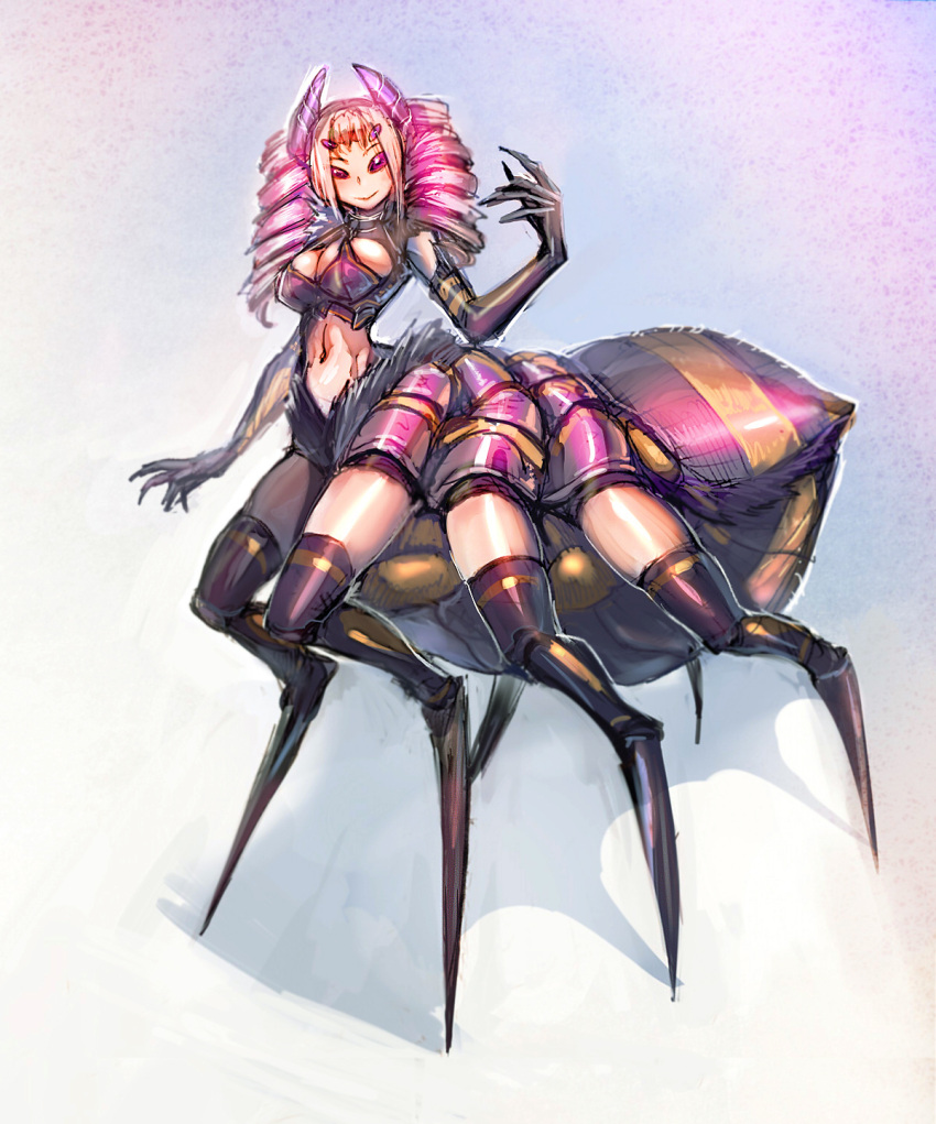 1girl arachne black_legwear blonde_hair bow_(bhp) breasts claws closed_mouth commentary drill_hair elbow_gloves extra_eyes gloves hand_up highres horns insect_girl large_breasts looking_at_viewer monster_girl multicolored_hair navel original pink_eyes pink_hair purple_gloves smile solo spider_girl standing thigh-highs twin_drills two-tone_hair