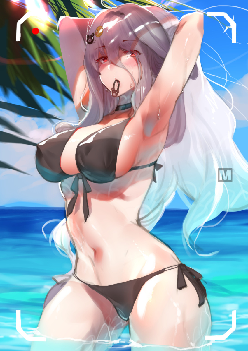 1girl armpits arms_up bikini black_bikini blue_sky blush breasts choker contrapposto cowboy_shot day eyebrows_visible_through_hair front-tie_bikini front-tie_top girls_frontline grey_hair hair_between_eyes hair_ornament highres horizon large_breasts looking_at_viewer mouth_hold navel outdoors pk_(girls_frontline) red_eyes side-tie_bikini sky solo swimsuit viewfinder wading water wet yueqin_(monnpiano)