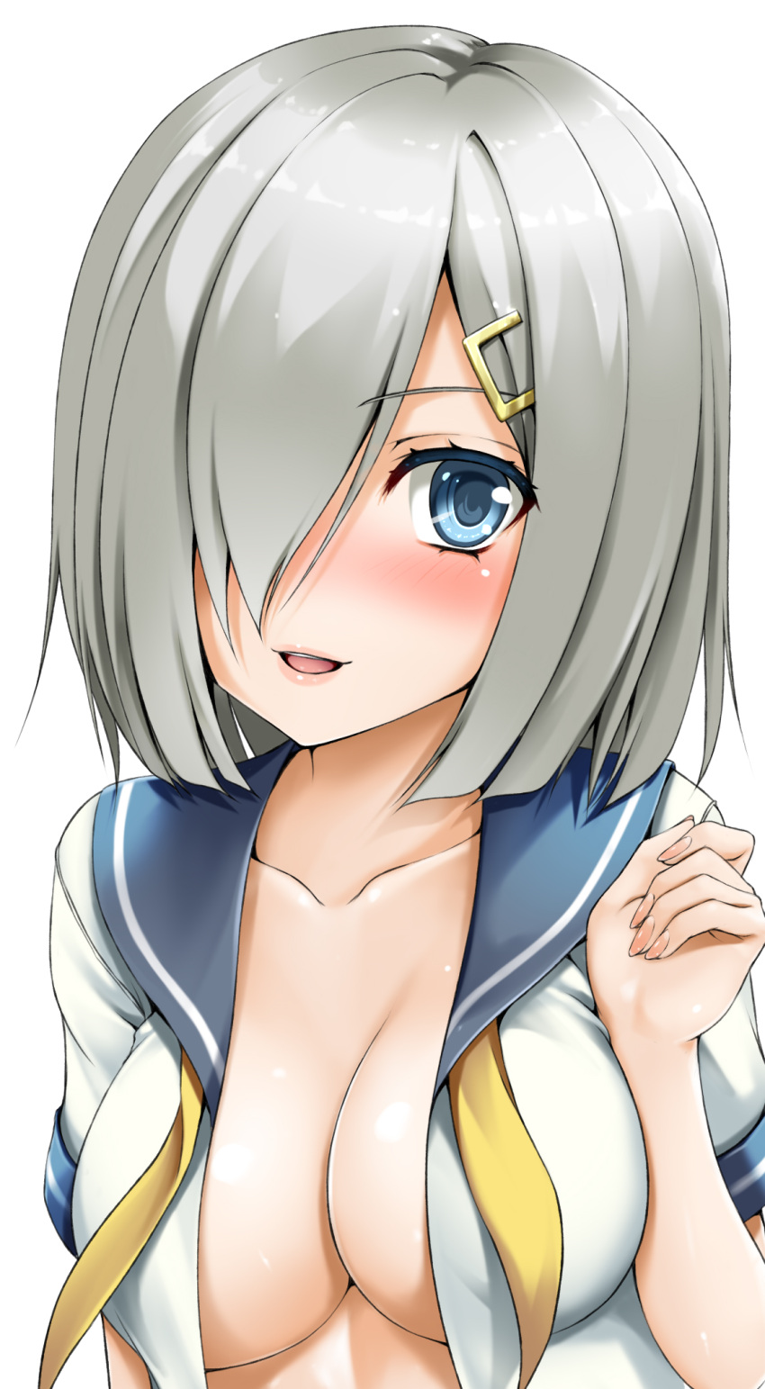 1girl blue_eyes blush breasts cleavage collarbone eyebrows_visible_through_hair hair_ornament hair_over_one_eye hairpin hamakaze_(kantai_collection) highres kantai_collection looking_at_viewer open_clothes open_mouth school_uniform serafuku silver_hair simple_background toranoo uniform white_background white_hair