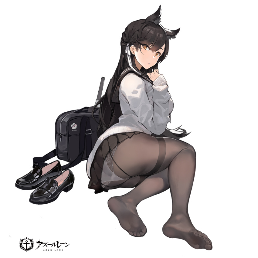 1girl alternate_costume animal_ears ass atago_(azur_lane) azur_lane bag black_footwear black_hair black_legwear black_skirt breasts brown_eyes copyright_name duffel_bag feet full_body hair_behind_ear highres kishiyo large_breasts loafers long_hair looking_at_viewer mole mole_under_eye official_art panties panties_under_pantyhose pantyhose revision school_uniform shoes shoes_removed skirt soles solo thighband_pantyhose underwear