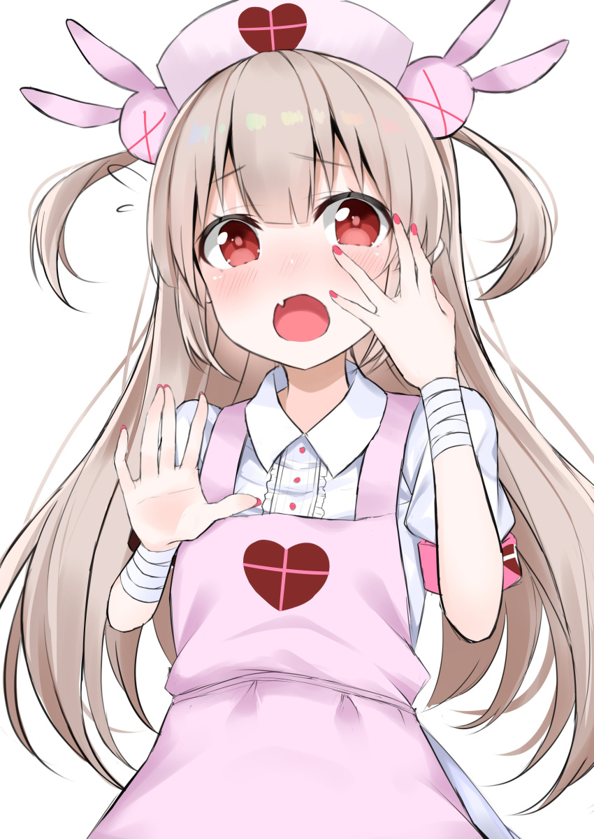 &gt;_&lt; 1girl absurdres apron armband bangs blush bunny_hair_ornament center_frills collared_shirt eyebrows_visible_through_hair fang fingernails flying_sweatdrops frills hair_between_eyes hair_ornament hand_on_own_face hashiko_nowoto hat heart highres light_brown_hair nail_polish natori_sana nose_blush nurse_cap open_mouth pink_apron pink_hat puffy_short_sleeves puffy_sleeves red_eyes red_nails sana_channel shirt short_sleeves simple_background skirt solo two_side_up virtual_youtuber white_background white_shirt white_skirt