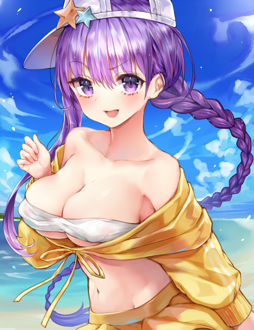 1girl :d bangs bare_shoulders bb_(fate/extra) bb_(fate/extra_ccc) bb_(swimsuit_mooncancer)_(fate) bikini_top blue_sky blush braid breasts cleavage collarbone cropped_jacket fate/extra fate/extra_ccc fate/grand_order fate_(series) hat highres jacket large_breasts long_hair looking_at_viewer matou_sakura navel off_shoulder open_mouth purple_hair skirt sky smile solo star sukemyon very_long_hair violet_eyes waist white_bikini_top white_hat yellow_jacket yellow_skirt