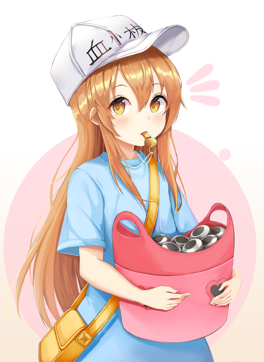 1girl absurdres bag bangs blue_shirt blush brown_eyes character_name clothes_writing commentary_request eyebrows_visible_through_hair fingernails flat_cap hair_between_eyes hat hataraku_saibou highres lebring light_brown_hair long_hair mouth_hold notice_lines object_hug parted_lips platelet_(hataraku_saibou) shirt short_sleeves shoulder_bag sidelocks solo very_long_hair whistle white_hat wide_sleeves