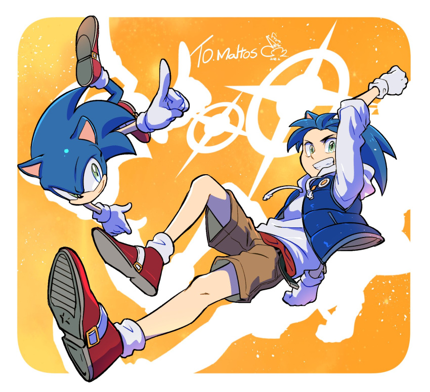 2boys 302 animal animal_ears blue_hair blue_jacket brown_shorts dual_persona gijinka gloves green_eyes grin hedgehog hedgehog_ears highres jacket male_focus multiple_boys personification red_footwear shoes shorts signature smile sneakers sonic sonic_the_hedgehog sweater white_gloves white_sweater