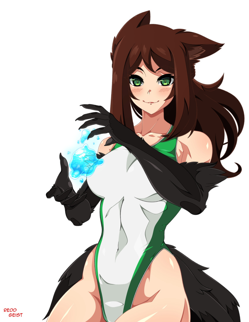 1girl animal_ears bangs bare_arms bare_shoulders black_coat blush breasts brown_hair closed_mouth commentary competition_swimsuit covered_navel cowboy_shot english_commentary green_eyes hands_up highleg highleg_swimsuit highres long_hair looking_at_viewer magic medium_breasts monster_girl one-piece_swimsuit original paws reddgeist signature simple_background slit_pupils smile solo swimsuit water white_background white_swimsuit