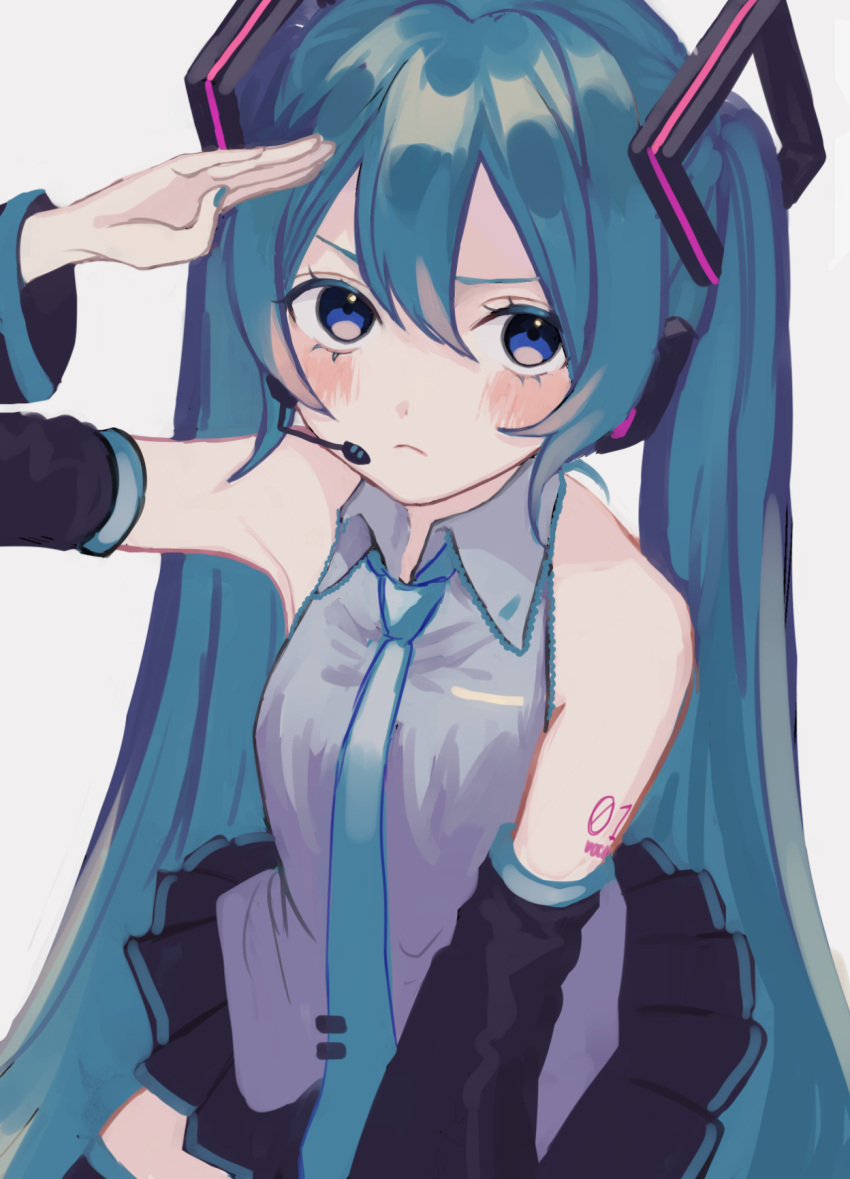 1girl bangs bare_shoulders black_legwear black_skirt blue_eyes blue_hair blue_neckwear blush closed_mouth collared_shirt commentary detached_sleeves grey_background grey_shirt hand_up hatsune_miku headphones highres long_hair long_sleeves looking_at_viewer microphone necktie p2_(uxjzz) pleated_skirt salute shirt simple_background skirt sleeveless sleeveless_shirt solo symbol_commentary thigh-highs twintails very_long_hair vocaloid wing_collar