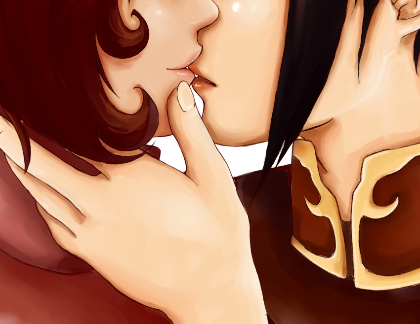 2girls avatar_(series) azula black_hair brown_hair hand_on_another's_cheek hand_on_another's_face kiss lips multiple_girls notickleelmo short_hair ty_lee yuri
