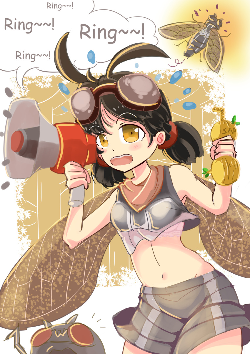 1girl absurdres antenna_hair bangs bare_arms bare_shoulders black_hair blues_(artist) blush bra bra_peek breasts bug cicada commentary crop_top crop_top_overhang d: english english_commentary eyebrows_visible_through_hair flying_sweatdrops hands_up highres holding holding_megaphone insect insect_girl insect_wings megaphone midriff navel open_mouth original parted_bangs personification raised_eyebrows shirt short_hair short_shorts short_twintails shorts shouting sleeveless sleeveless_shirt small_breasts solo speech_bubble standing stomach tareme twintails underwear wavy_mouth wings yellow_eyes