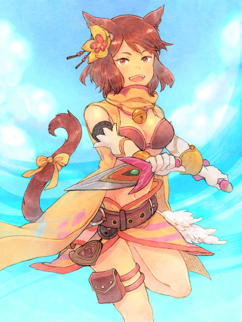 1girl absurdres animal_ears armor bell belt bikini_armor bikini_top blue_sky bow breasts brown_eyes brown_hair cat_ears cat_tail cleavage dagger day dual_wielding elbow_gloves flower gloves hair_flower hair_ornament highres holding huge_filesize jingle_bell medium_breasts mozuku_(mozuuru0323) navel open_mouth sdorica_-sunset- short_hair sky slit_pupils solo standing standing_on_one_leg tail tail_bow weapon