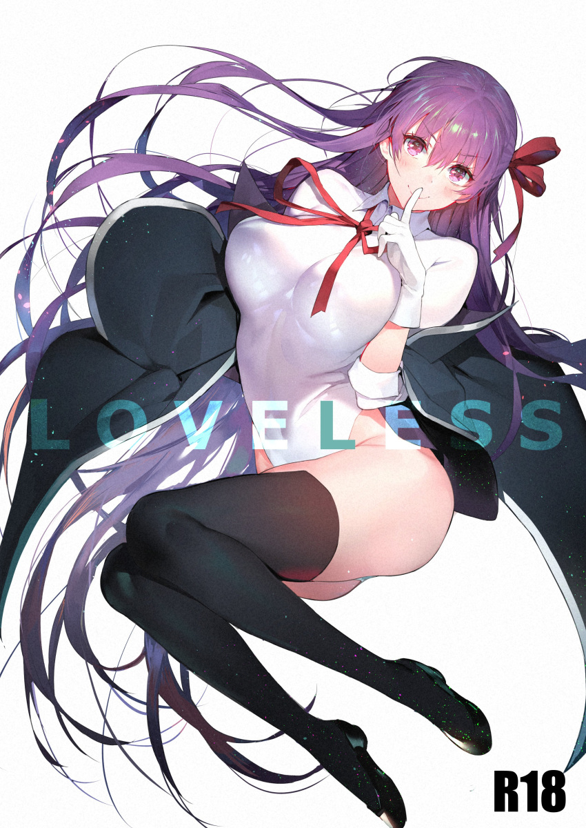1girl absurdres bangs bb_(fate/extra_ccc) bb_(swimsuit_mooncancer)_(fate) black_legwear blush bow bowtie breasts cape commentary_request cover cover_page doujin_cover eyebrows_visible_through_hair fate/grand_order fate_(series) finger_to_mouth full_body gloves hair_bow high_heels highres jaga_yamatarawo large_breasts leotard long_hair looking_at_viewer purple_hair short_sleeves shushing simple_background smile solo thighs very_long_hair violet_eyes white_background white_gloves