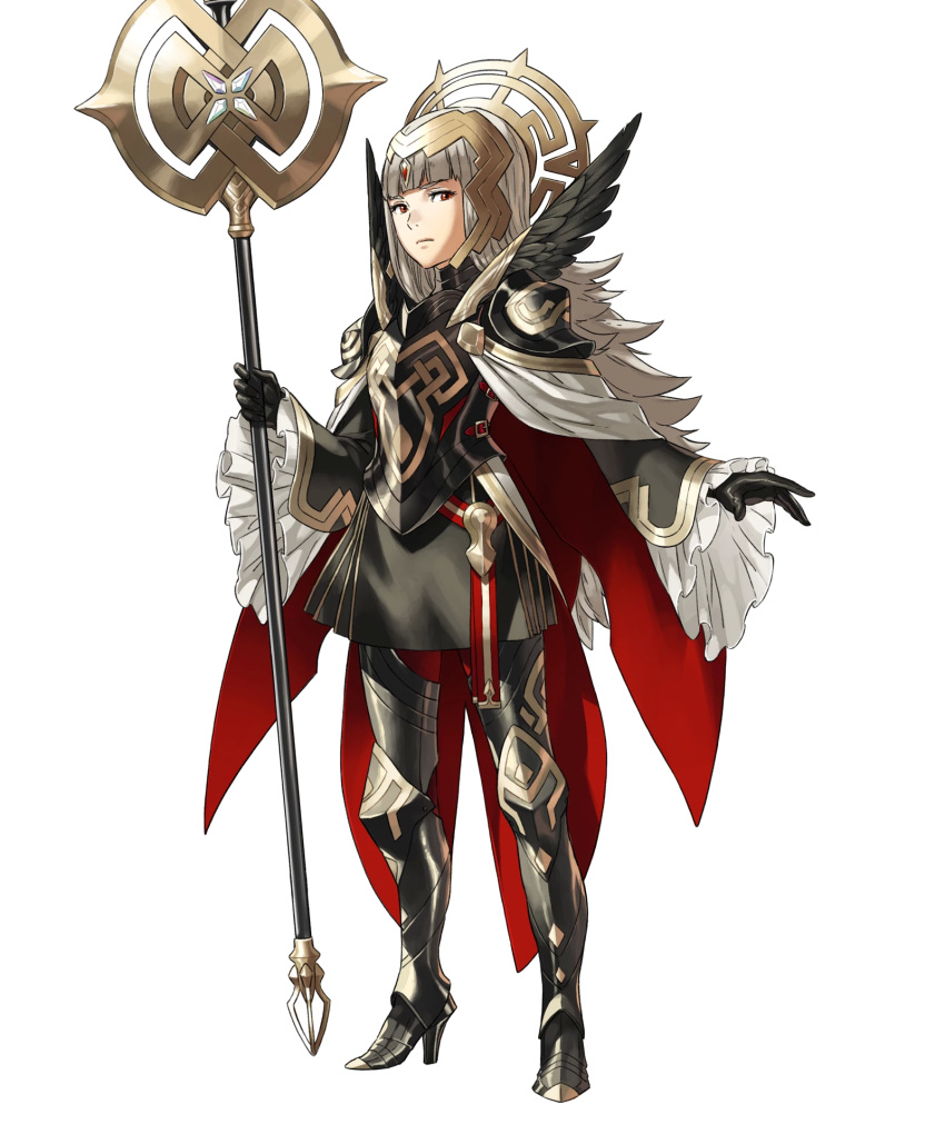 1girl armor armored_boots black_gloves boots breastplate cape fire_emblem fire_emblem_heroes full_body gloves hair_ornament high_heels highres holding kozaki_yuusuke official_art redhead shoulder_armor shoulder_pads silver_hair solo staff transparent_background veronica_(fire_emblem) wide_sleeves
