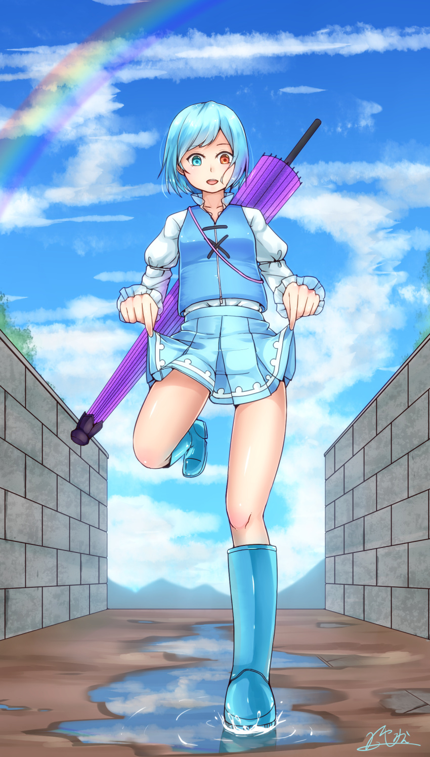 1girl alternate_footwear bare_legs blue_footwear blue_hair blue_sky blue_vest boots clouds day heterochromia highres hiyashi_mikan holding_skirt knee_boots long_sleeves looking_down puddle rainbow rubber_boots sky smile standing standing_on_one_leg tatara_kogasa touhou umbrella vest wall